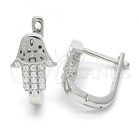 Sterling Silver Huggie Hoop, Hand of God Design, with White Cubic Zirconia, Polished, Rhodium Finish, 02.336.0062.10