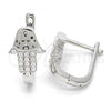 Sterling Silver Huggie Hoop, Hand of God Design, with White Cubic Zirconia, Polished, Rhodium Finish, 02.336.0062.10