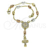 Oro Laminado Bracelet Rosary, Gold Filled Style San Benito and Crucifix Design, with White Cubic Zirconia, Diamond Cutting Finish, Golden Finish, 09.253.0070.08