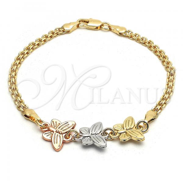 Oro Laminado Fancy Bracelet, Gold Filled Style Butterfly Design, Polished, Tricolor, 03.63.1882.1.08