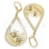 Oro Laminado Dangle Earring, Gold Filled Style Flower and Teardrop Design, with White Crystal, Diamond Cutting Finish, Golden Finish, 81.011