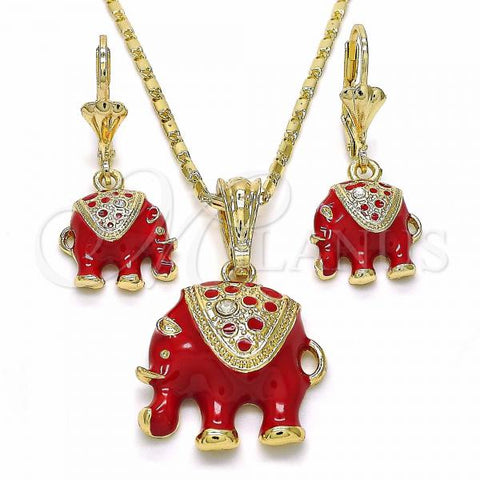 Oro Laminado Earring and Pendant Adult Set, Gold Filled Style Elephant Design, with White Crystal, Red Enamel Finish, Golden Finish, 10.351.0004.3