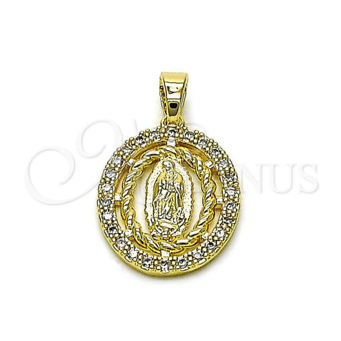 Oro Laminado Religious Pendant, Gold Filled Style Guadalupe and Twist Design, with White Cubic Zirconia, Polished, Golden Finish, 05.210.0005