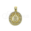 Oro Laminado Religious Pendant, Gold Filled Style Guadalupe and Twist Design, with White Cubic Zirconia, Polished, Golden Finish, 05.210.0005