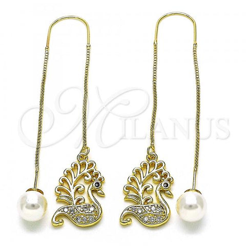 Oro Laminado Threader Earring, Gold Filled Style Swan Design, with White and Black Micro Pave, Polished, Golden Finish, 02.210.0816