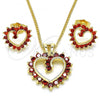 Oro Laminado Earring and Pendant Adult Set, Gold Filled Style Heart Design, with Garnet Cubic Zirconia, Polished, Golden Finish, 10.316.0015.1