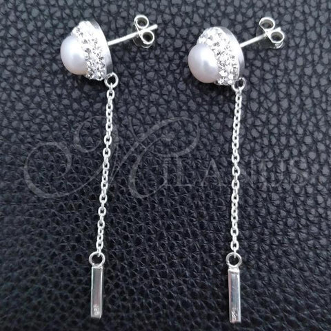 Sterling Silver Long Earring, Ball Design, with Ivory Pearl and White Crystal, Polished, Silver Finish, 02.399.0039