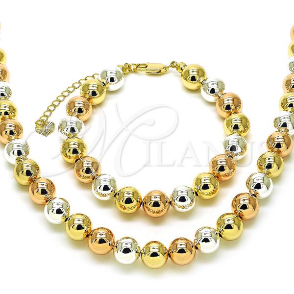 Oro Laminado Necklace and Bracelet, Gold Filled Style Ball and Hollow Design, Polished, Tricolor, 06.253.0007.2