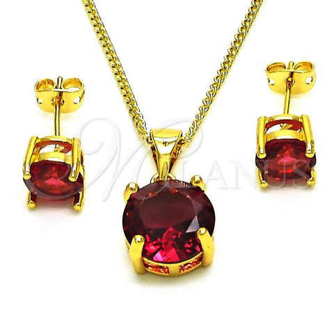 Oro Laminado Earring and Pendant Adult Set, Gold Filled Style with Ruby Cubic Zirconia, Polished, Golden Finish, 10.342.0121