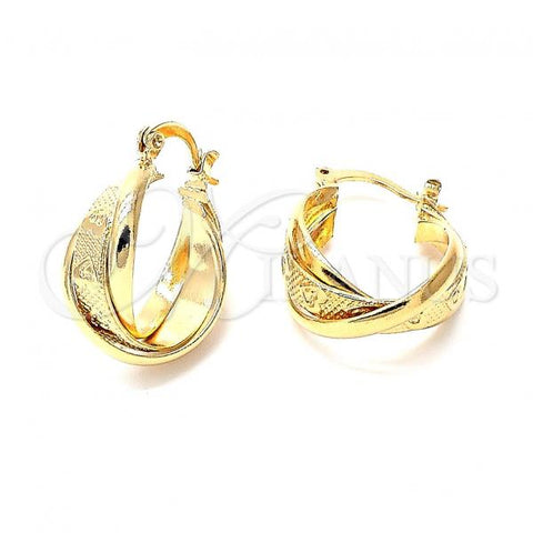 Oro Laminado Small Hoop, Gold Filled Style Heart and Infinite Design, Diamond Cutting Finish, Golden Finish, 5.142.019