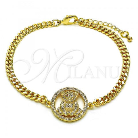 Oro Laminado Fancy Bracelet, Gold Filled Style Teddy Bear Design, with White and Garnet Micro Pave, Polished, Golden Finish, 03.195.0001.08