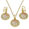 Oro Laminado Earring and Pendant Adult Set, Gold Filled Style Flower Design, Polished, Tricolor, 10.170.0011