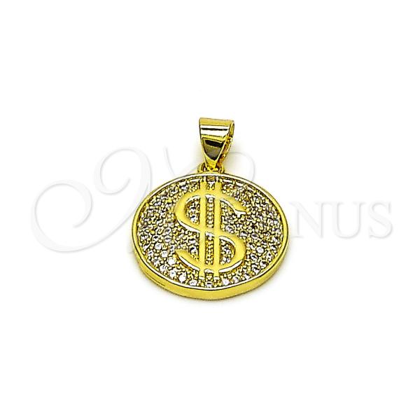 Oro Laminado Fancy Pendant, Gold Filled Style Money Sign Design, with White Micro Pave, Polished, Golden Finish, 05.341.0107