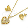 Oro Laminado Earring and Pendant Adult Set, Gold Filled Style Heart and Flower Design, with White Micro Pave, Polished, Golden Finish, 10.156.0066.1