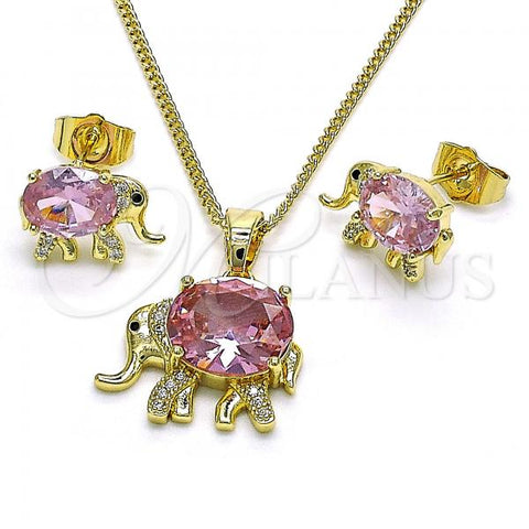 Oro Laminado Earring and Pendant Adult Set, Gold Filled Style Elephant Design, with Pink Cubic Zirconia and White Micro Pave, Polished, Golden Finish, 10.210.0125.4