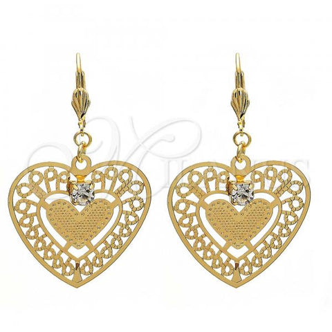 Oro Laminado Dangle Earring, Gold Filled Style Heart Design, with White Crystal, Diamond Cutting Finish, Golden Finish, 69.013