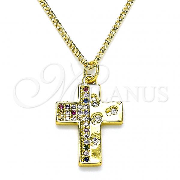 Oro Laminado Pendant Necklace, Gold Filled Style Cross Design, with Multicolor Micro Pave, Polished, Golden Finish, 04.381.0012.20