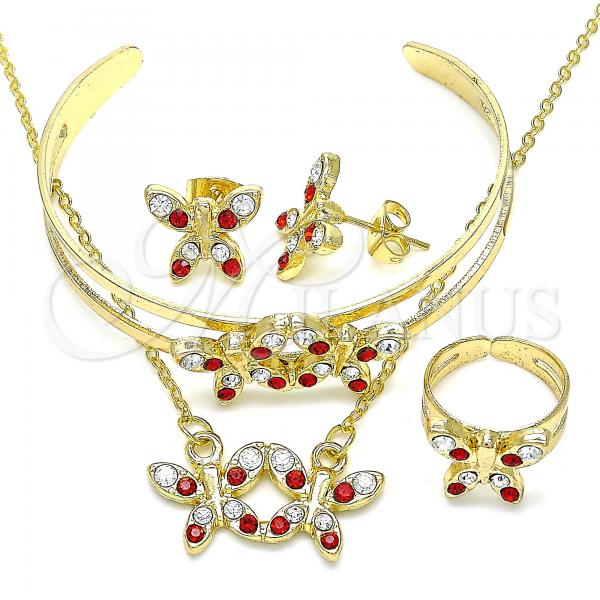 Oro Laminado Necklace, Bracelet, Earring and Ring, Gold Filled Style Butterfly Design, with Garnet and White Crystal, Polished, Golden Finish, 06.361.0032.1