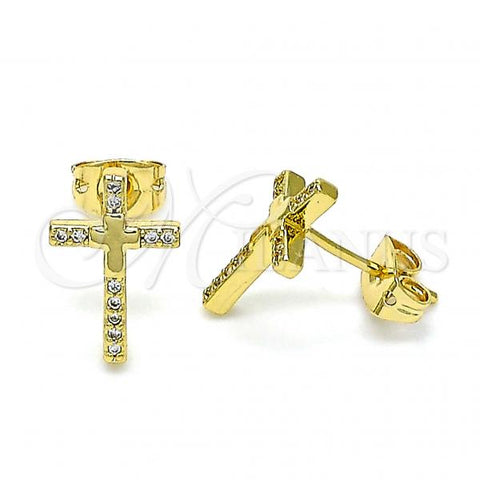 Oro Laminado Stud Earring, Gold Filled Style Cross Design, with White Micro Pave, Polished, Golden Finish, 02.342.0119