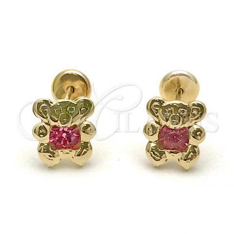 Oro Laminado Stud Earring, Gold Filled Style Teddy Bear Design, with Pink Cubic Zirconia, Polished, Golden Finish, 02.09.0204