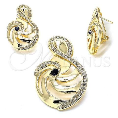 Oro Laminado Earring and Pendant Adult Set, Gold Filled Style Music Note Design, with Dark Violet and White Cubic Zirconia, Polished, Golden Finish, 10.59.0142.1