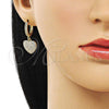 Oro Laminado Dangle Earring, Gold Filled Style Heart Design, with White Micro Pave, Polished, Golden Finish, 02.283.0088