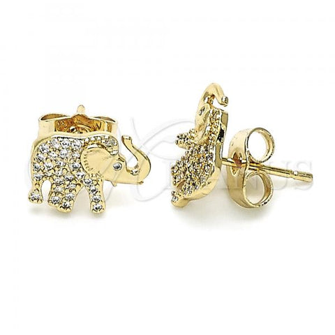 Oro Laminado Stud Earring, Gold Filled Style Elephant Design, with White Micro Pave, Polished, Golden Finish, 02.344.0088