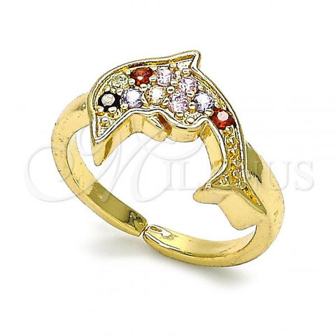Oro Laminado Multi Stone Ring, Gold Filled Style Dolphin Design, with Multicolor and Black Cubic Zirconia, Polished, Golden Finish, 01.210.0090.1 (One size fits all)