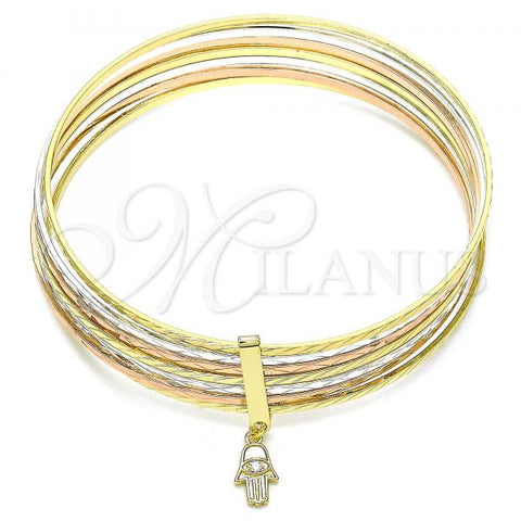 Oro Laminado Semanario Bangle, Gold Filled Style Hand of God Design, with White Cubic Zirconia, Diamond Cutting Finish, Tricolor, 07.253.0007.06 (02 MM Thickness, Size 6 - 2.75 Diameter)