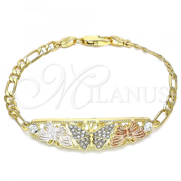 Oro Laminado Fancy Bracelet, Gold Filled Style Butterfly Design, with White Crystal, Polished, Tricolor, 03.380.0046.08