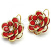 Oro Laminado Leverback Earring, Gold Filled Style Flower Design, with Garnet and White Crystal, Polished, Golden Finish, 02.64.0640.2