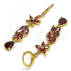 Oro Laminado Long Earring, Gold Filled Style Flower and Leaf Design, with Garnet Cubic Zirconia, Polished, Golden Finish, 02.210.0826.1