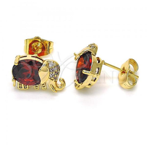 Oro Laminado Stud Earring, Gold Filled Style Elephant Design, with Garnet Cubic Zirconia and White Micro Pave, Polished, Golden Finish, 02.210.0159.3