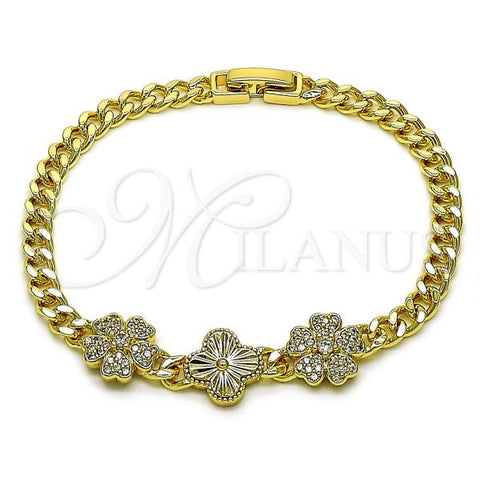 Oro Laminado Fancy Bracelet, Gold Filled Style Leaf and Flower Design, with White Cubic Zirconia, Diamond Cutting Finish, Golden Finish, 03.283.0417.07