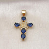 Oro Laminado Religious Pendant, Gold Filled Style Cross and Guadalupe Design, with Sapphire Blue and White Cubic Zirconia, Polished, Golden Finish, 05.342.0228.1