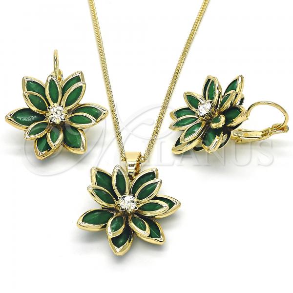 Oro Laminado Earring and Pendant Adult Set, Gold Filled Style Flower Design, with Green and White Cubic Zirconia, Polished, Golden Finish, 10.64.0157.3