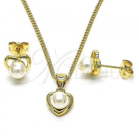 Oro Laminado Earring and Pendant Adult Set, Gold Filled Style Heart Design, with Ivory Pearl, Polished, Golden Finish, 10.156.0468