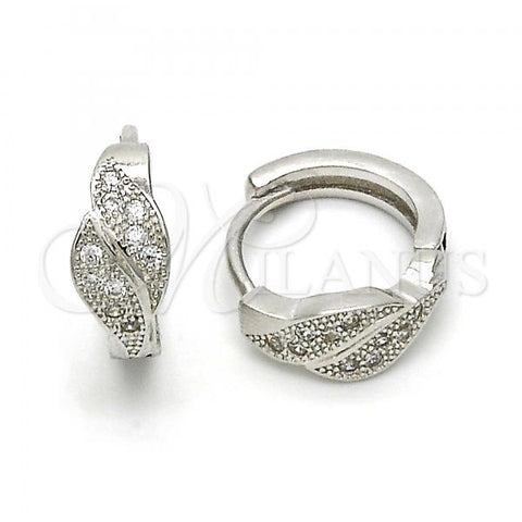Sterling Silver Huggie Hoop, Leaf Design, with White Micro Pave, Polished, Rhodium Finish, 02.174.0045.15