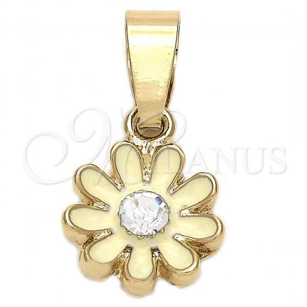 Oro Laminado Fancy Pendant, Gold Filled Style Flower Design, with White Crystal, White Enamel Finish, Golden Finish, 05.163.0072