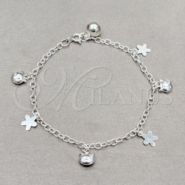 Sterling Silver Fancy Bracelet, Flower and Cat Design, Polished, Silver Finish, 03.409.0116.08