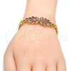 Oro Laminado Fancy Bracelet, Gold Filled Style Flower and Leaf Design, with Garnet and White Cubic Zirconia, Polished, Golden Finish, 03.206.0017.07