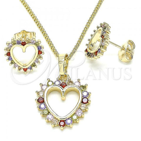 Oro Laminado Earring and Pendant Adult Set, Gold Filled Style Heart Design, with Multicolor Cubic Zirconia, Polished, Golden Finish, 10.284.0009.3
