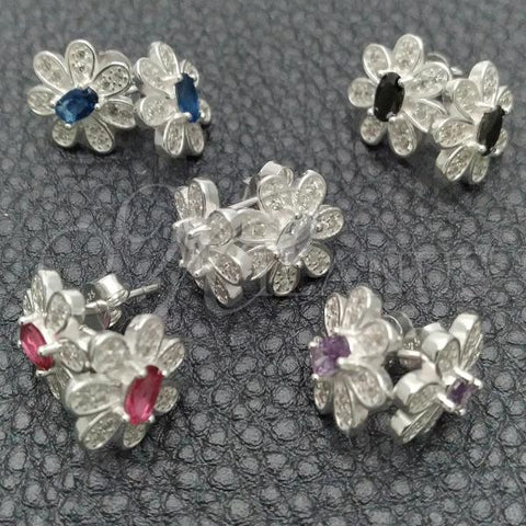 Sterling Silver Stud Earring, Flower Design, with White Cubic Zirconia, Polished, Silver Finish, 02.398.0014