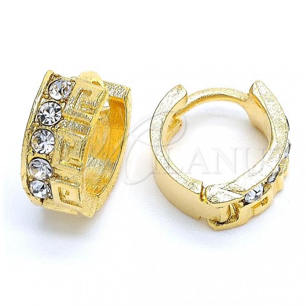 Oro Laminado Huggie Hoop, Gold Filled Style Greek Key Design, with White Crystal, Diamond Cutting Finish, Golden Finish, 02.164.0029