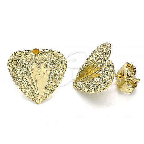 Oro Laminado Stud Earring, Gold Filled Style Heart Design, Diamond Cutting Finish, Golden Finish, 02.100.0127