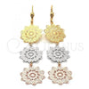 Oro Laminado Long Earring, Gold Filled Style Flower Design, Diamond Cutting Finish, Tricolor, 5.106.003
