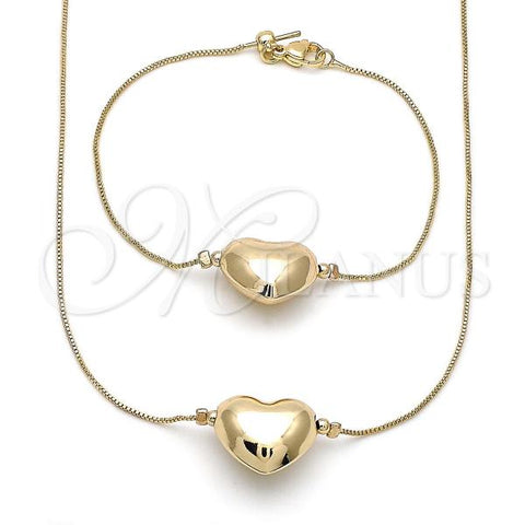 Oro Laminado Necklace and Bracelet, Gold Filled Style Heart and Box Design, Polished, Golden Finish, 06.63.0292