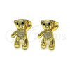 Oro Laminado Stud Earring, Gold Filled Style Teddy Bear Design, with White and Black Micro Pave, Polished, Golden Finish, 02.342.0196