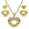 Oro Laminado Earring and Pendant Adult Set, Gold Filled Style Heart Design, with White Micro Pave, Polished, Golden Finish, 10.342.0049