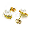 Oro Laminado Stud Earring, Gold Filled Style with Ivory Pearl and White Micro Pave, Polished, Golden Finish, 02.342.0240